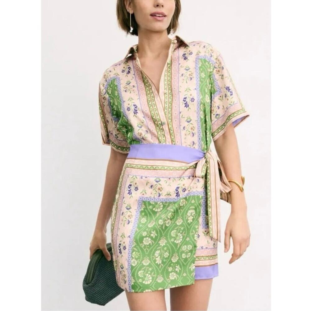 MISA Green Purple Floral Satin Short Sleeve Collared Wrap Skirt Matcha Love sz S